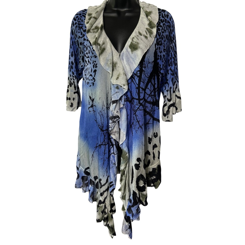 Adore Blue Leopard Tie Dye Ruffle Open Front Cardigan NWT Large Waterfall Knit